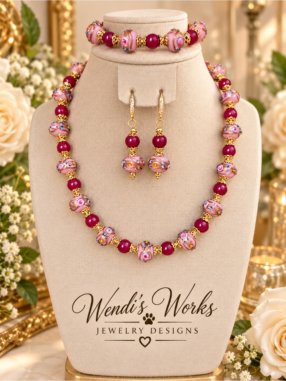 Artisan Made Pink Wedding Cake Beads & Magenta Jade Jewelry Set